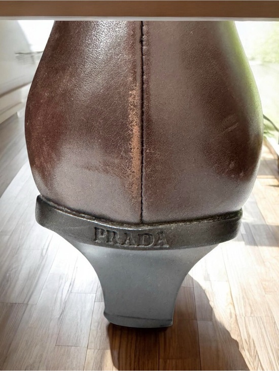靴 PRADA square toe leather boots brown Prada Dark Brown Leather